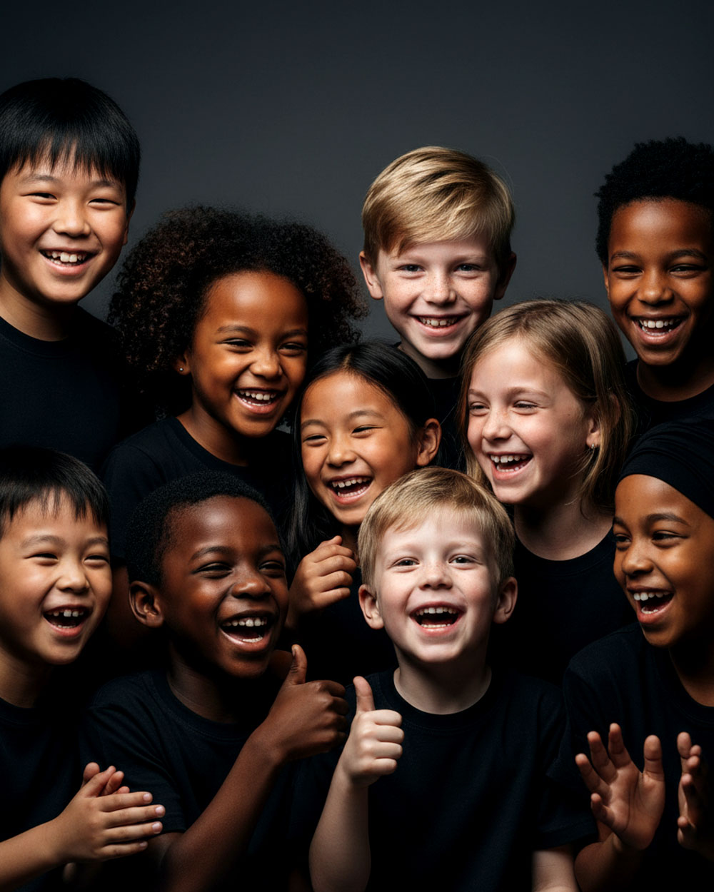 Unsere Kinderzahnarztpraxis in Düsseldorf: Kinderlachen, ein Kleinkind stützt sich auf die Ellenbogen und lacht freudig in die kamera