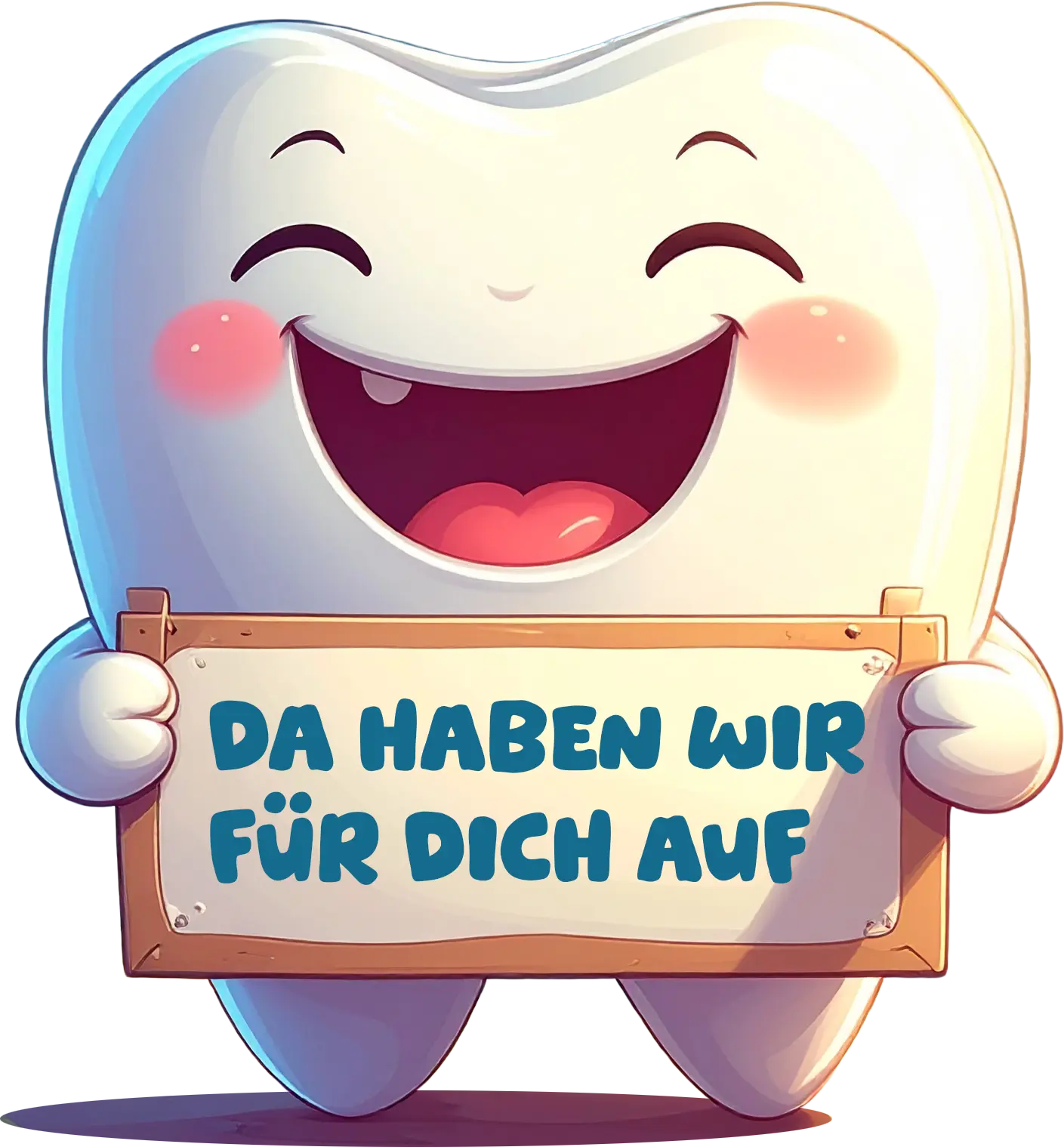 Lachender Zahn mit Schild der Öffnungszeiten