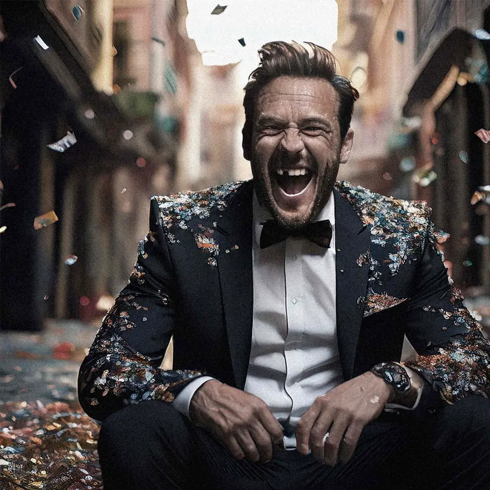 Ein Mann mit ausgebrochenem Zahn sitzt auf dem Bordsteig und lächelt dennoch in die Kamera, weil er weiß, am Montag wird alles wieder gerichtet in der Zahnarztpraxis Dr. Javadi&nbsp;& Kollegen in Düsseldorf-Lichtenbroich